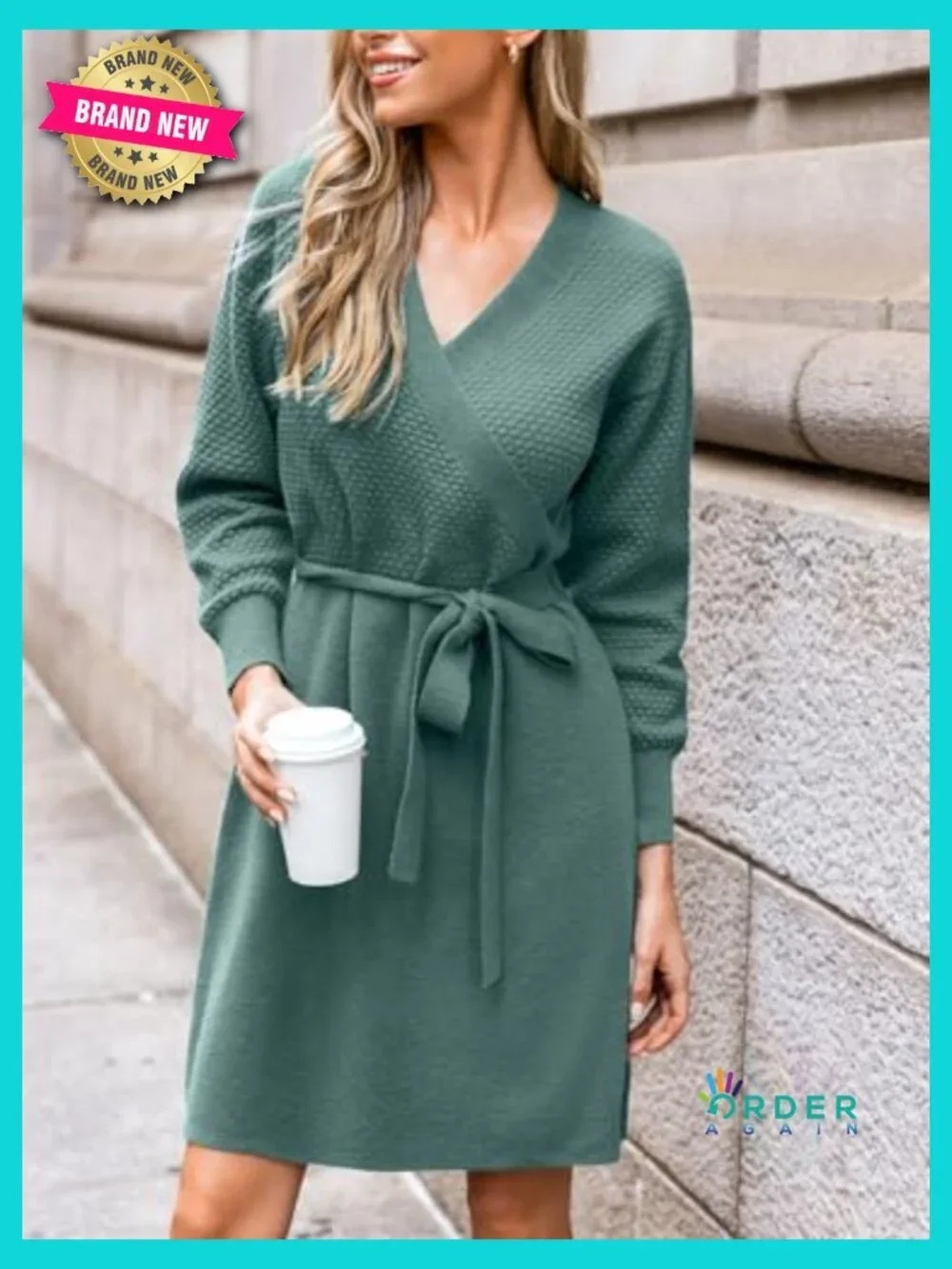 Ribbed Knit Sweater Dress V Neck Long Sleeve Belted Fitted A Line Midi